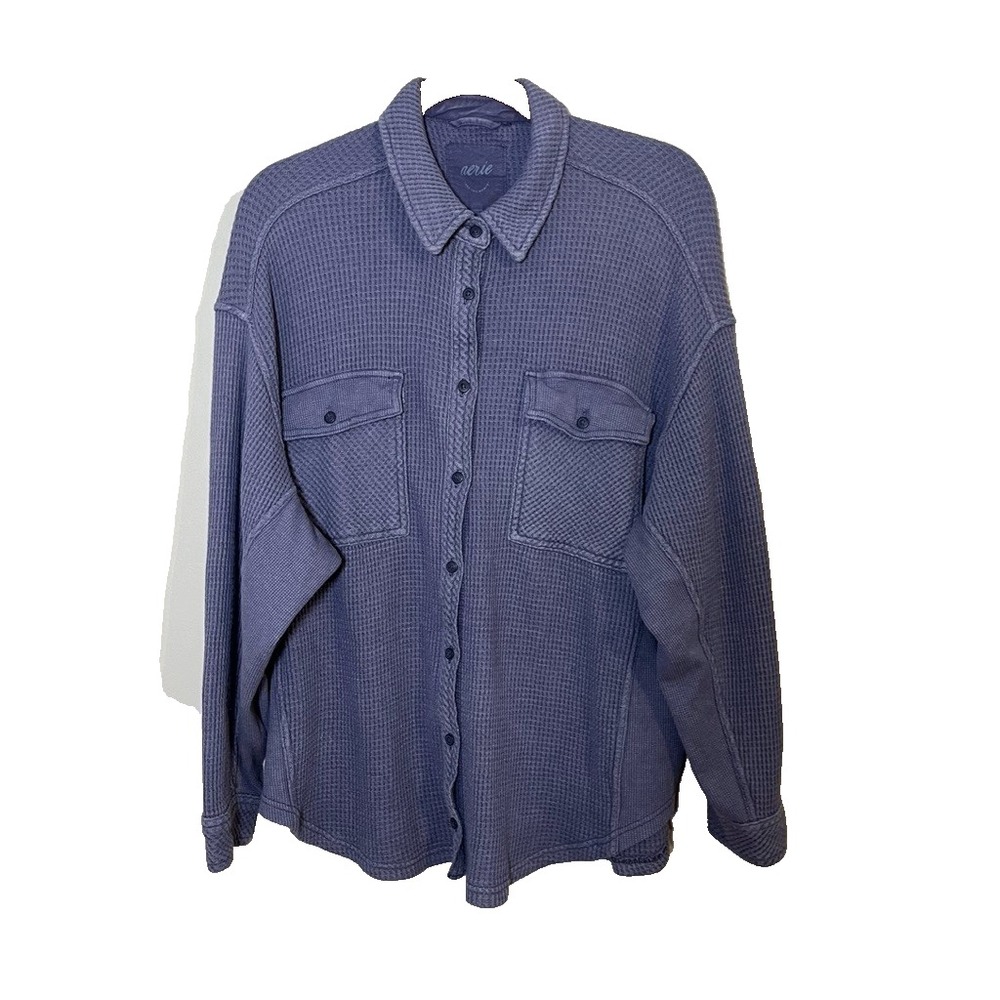 Aerie Waffle Knit Shirt Blue L Lumber Jane Cozy Neutral Lagen Minimalist Preppy